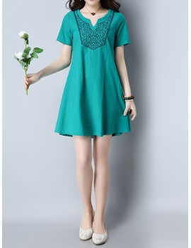 Vintage Women Embroidered V-Neck Short Sleeve Dresses