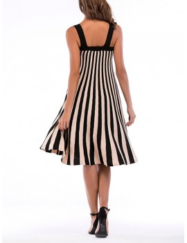 Vertical Stripe Button Sleeveless Slash Neck Vintage Dresses