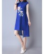 Vintage Floral Print Irregular Frog Button Stand Collar Dress For Women