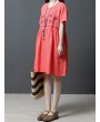 Short Sleeve Loose Embroidered O-neck Vintage Dresses