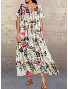 Leaves Floral Print Button Short Sleeve Vintage Dress