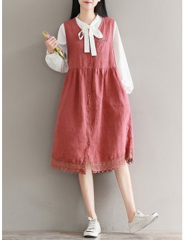 Vintage Lace Patchwork Sleeveless V-neck Women Dresses