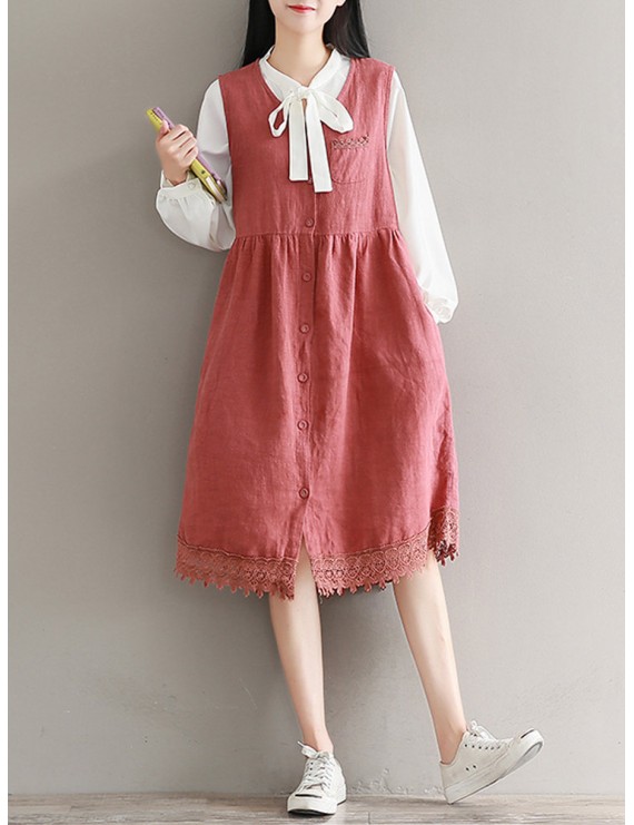 Vintage Lace Patchwork Sleeveless V-neck Women Dresses