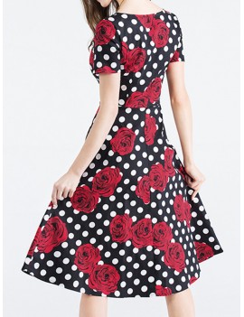 Vintage Women Polka Dots Floral Printed Hepburn Style Dresses