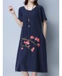 Vintage Floral Embroidery Short Sleeve O-neck Dress For Women