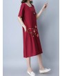 Vintage Floral Embroidery Short Sleeve O-neck Dress For Women