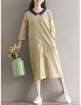 Casual Loose Patchwork 3/4 Sleeve O-neck Women Mid-long Dress