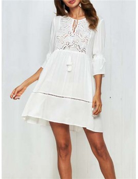 Boho Hollow Out O-Neck White Casual Dresses