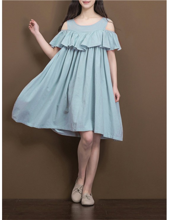 Women Casual Solid Color Ruffled Off Shoulder Dresses