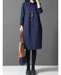 Women Printed Turtleneck Printed Pocket Long Sleeve Casual Dresses