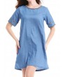 Casual Denim Patchwork O-neck Short Sleeve Mini Dress For Women