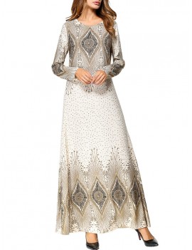 Elegant Print Long Sleeve Islam Muslim Slim Long Dress