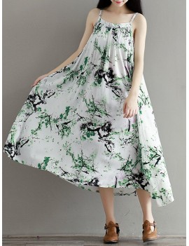 Flowy Ink Print Spaghetti Strap Loose O-neck Maxi Dress For Women