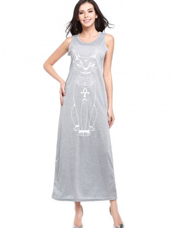 Casual Cat Print Sleeveless O-neck Women Maxi Dress