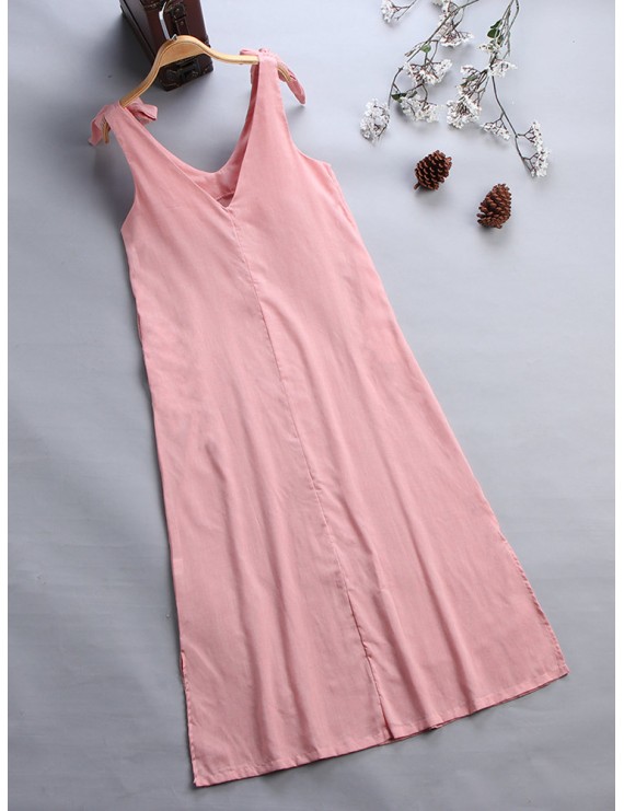 Bowknots V Neck Solid Color Straps Maxi Dress