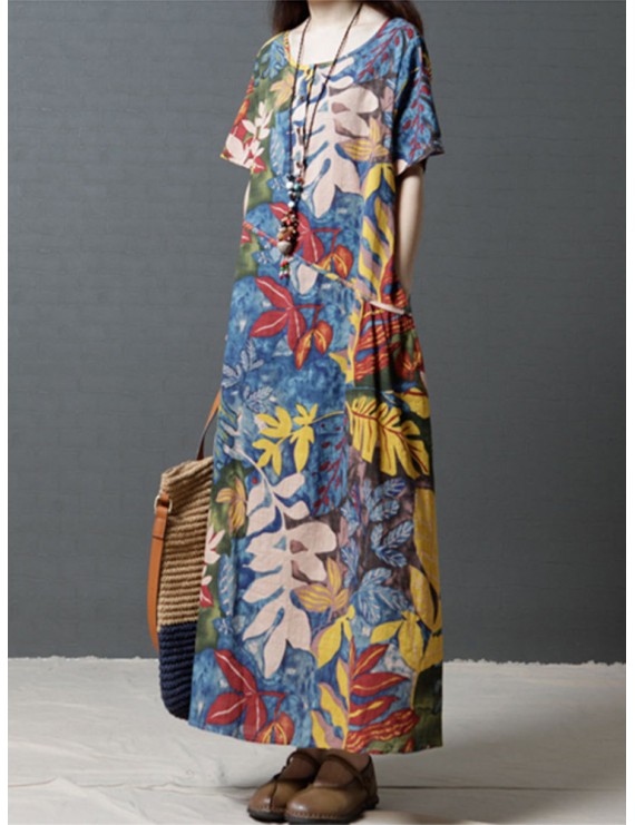 Leaves Print Multi-color Short Sleeve Vintage Maxi Dresses