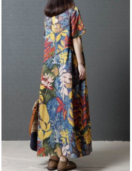 Leaves Print Multi-color Short Sleeve Vintage Maxi Dresses