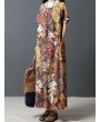 Leaves Print Multi-color Short Sleeve Vintage Maxi Dresses