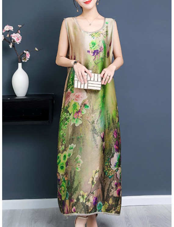 Side Splited Floral Print Elegant Sleeveless Maxi Dresses