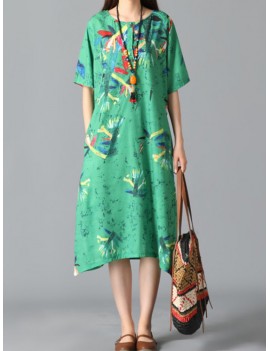 Graffiti Leaves Print Short Sleeve Irregular Vintage Dresses