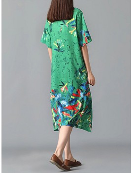 Graffiti Leaves Print Short Sleeve Irregular Vintage Dresses