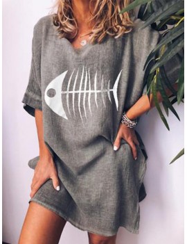 Fish-bone Print Crew Neck Short Sleeve Casual Dress