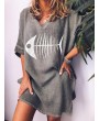 Fish-bone Print Crew Neck Short Sleeve Casual Dress