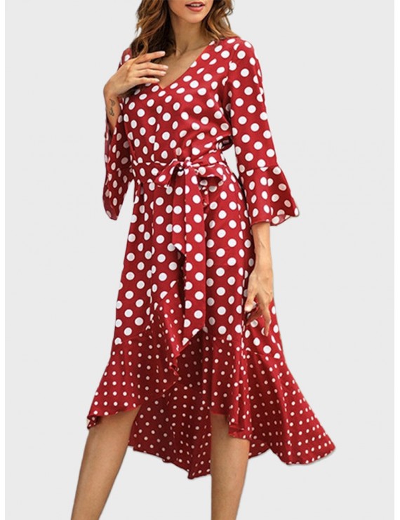 Irregular Polka Dot Tie Waist Long Sleeve Dress