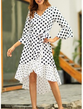 Irregular Polka Dot Tie Waist Long Sleeve Dress