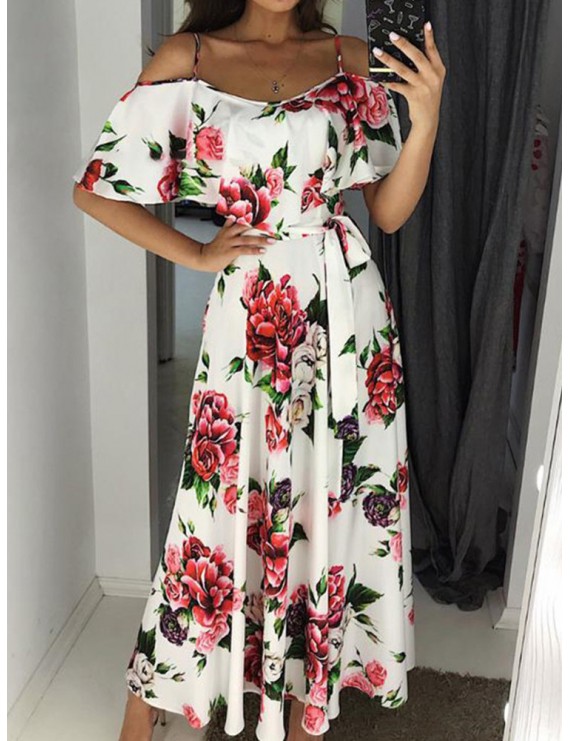 Summer Print Floral Off Shoulder Straps Maxi Dress