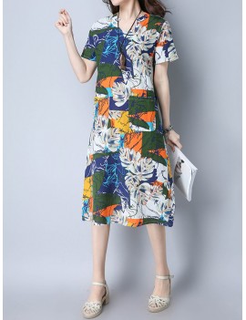 Vintage Random Print Short Sleeve V-neck Dress For Women