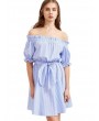 Stripe Off-shoulder Tie Half Sleeve Mini Dress For Women