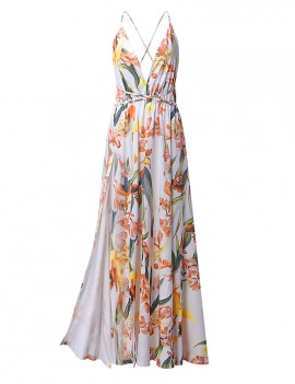 Sexy Floral Print Backless Camisole Splited Maxi Dresses