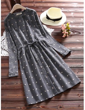 Polka Dot Print Drawstring Waist Long Sleeve Vintage Dresses