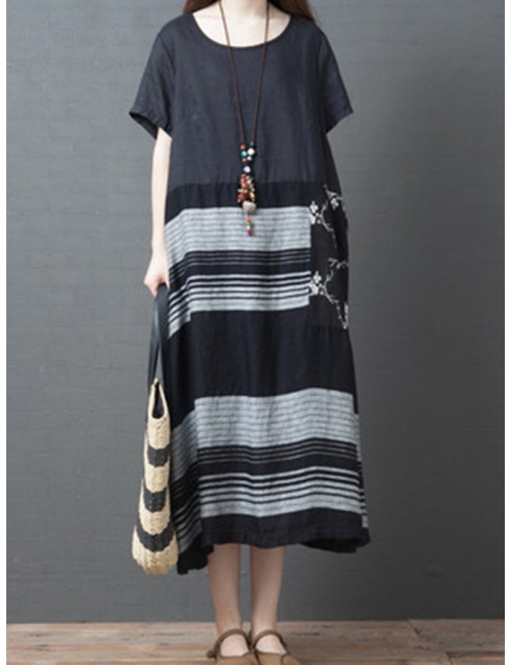 Stripe Print Patchwork Short Sleeve Vintage Dress For Women