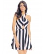 Women Sexy Stripe Halter Hollow Pleated Backless Sleeveless Mini Dress