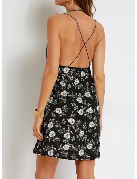 Sexy Floral Print Backless Cami V-neck Mini Dress For Women